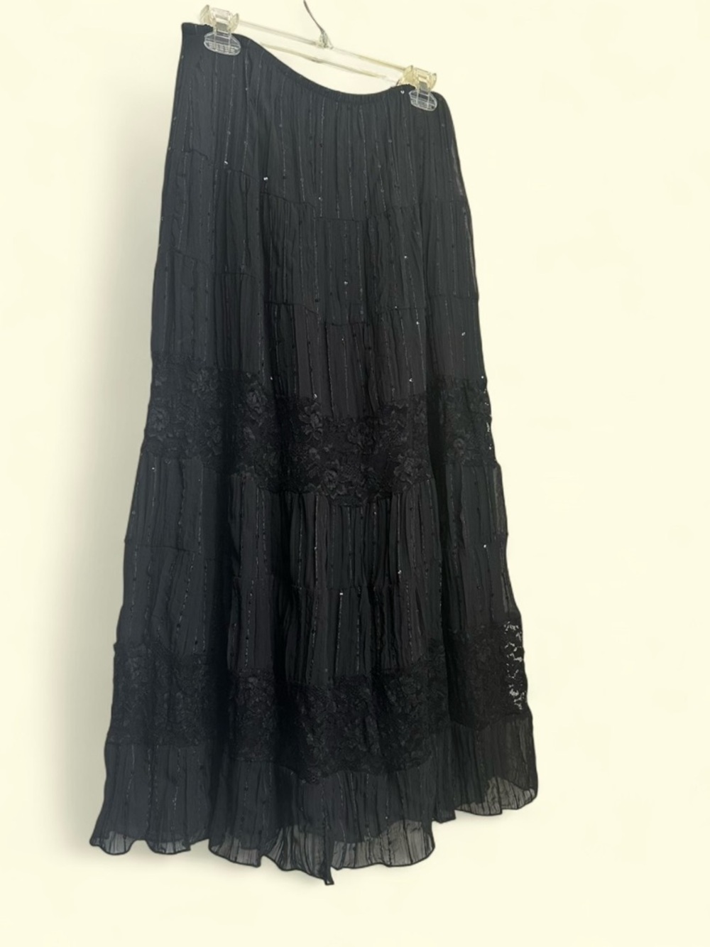 MSK Black Whimsigoth Fairy Grunge Sequins Tiered Floral Lace Maxi Skirt NWT